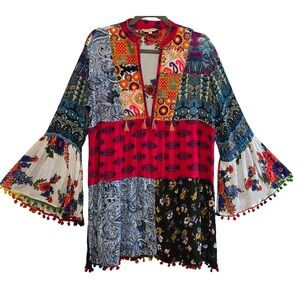 Anandas Collection Womens L Festive Boho Patchwork Tunic Bell Sleeve Pom Pom
